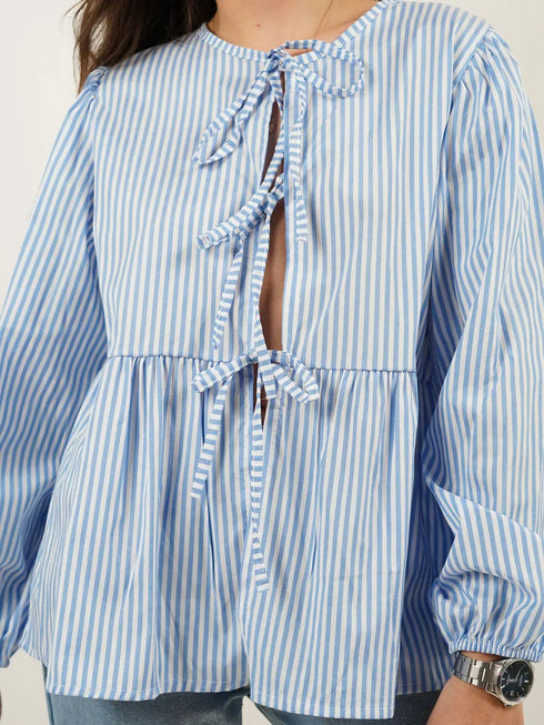 'Adalet' Linen Look Tie Front Smock Blouse - Celes Fashion
